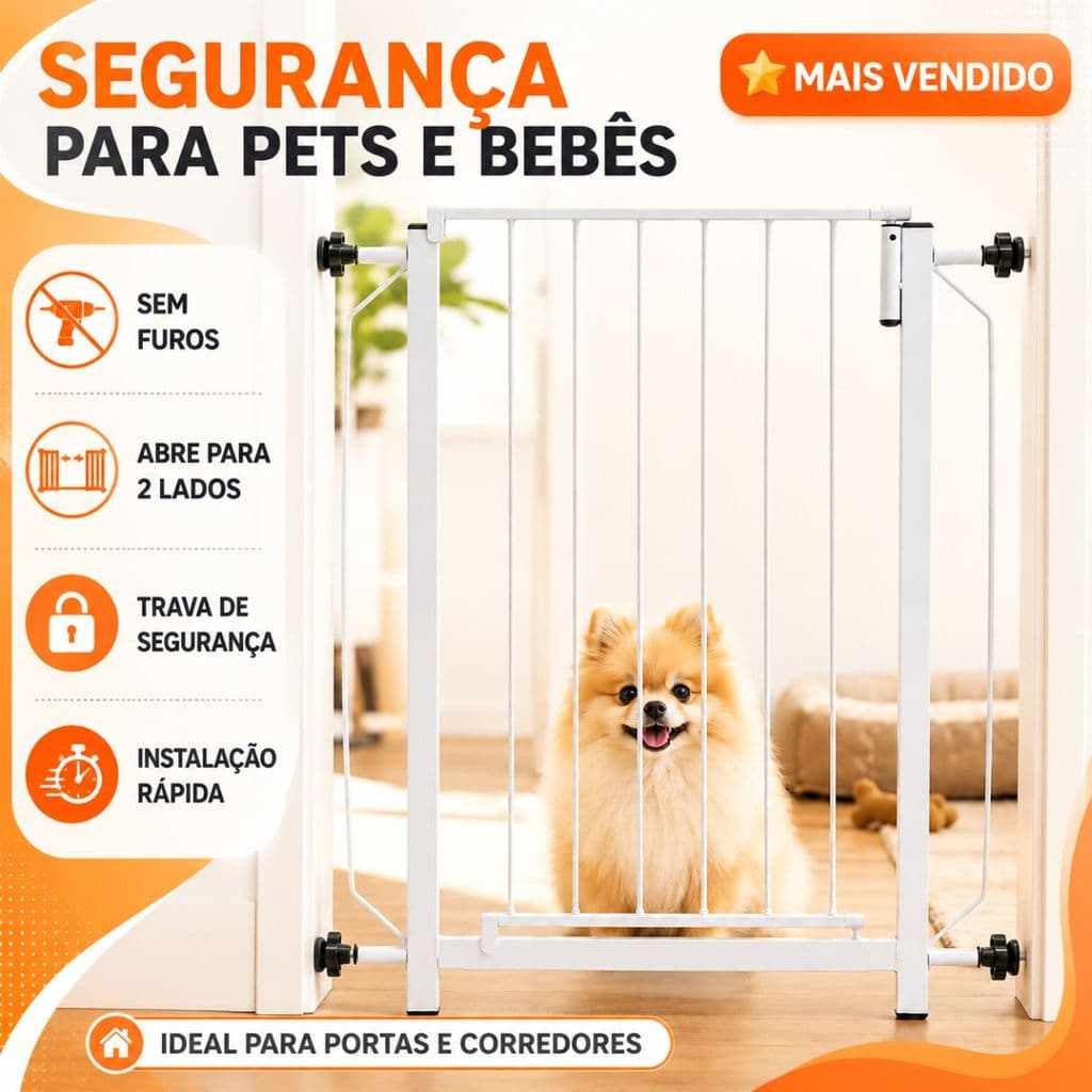 Portao Grade Segurança Bebê Pet 67 a 131cm Sem Furar com Trava Pressão Altura 77cm