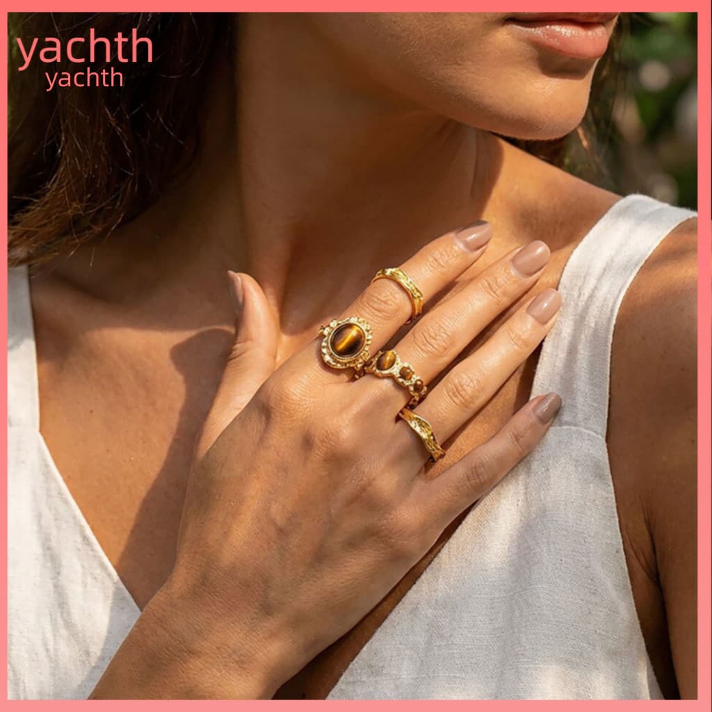Strong Bezel Ring 4pcs Tiger Eye Stone Finger Set for Women – Adjustable Opening Stacking Rings Stylish Jewelry Gift P