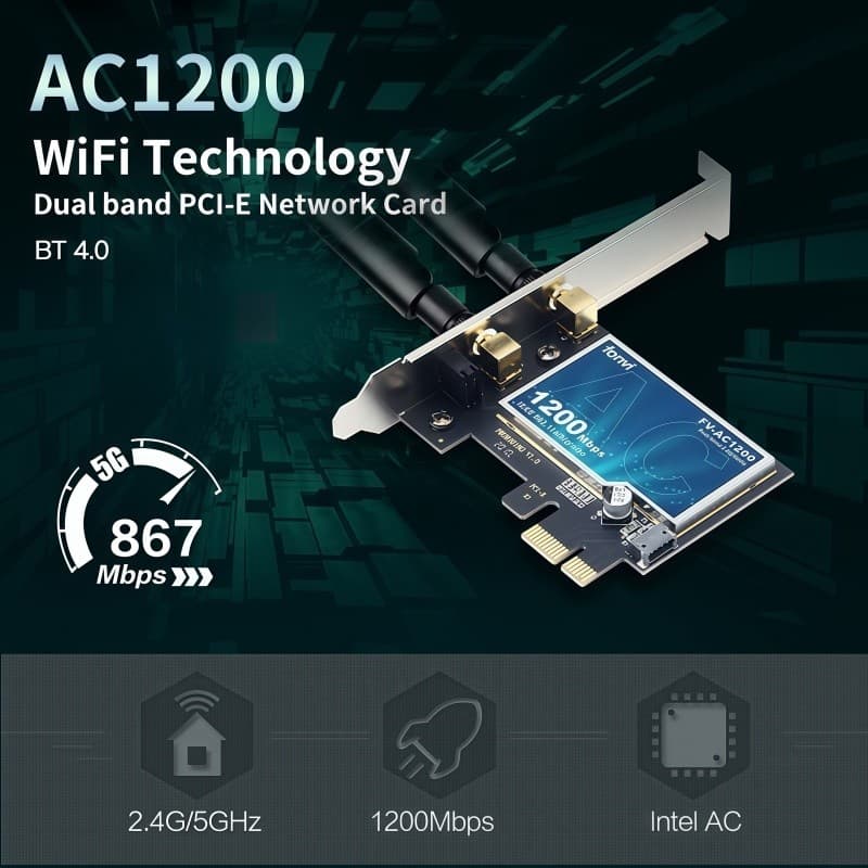 PLACA DE REDE WI-FI5 E BLUETOOTH 4.0 AC1200 DUAL BAND 2.4G/5G PCI-EXPRESS