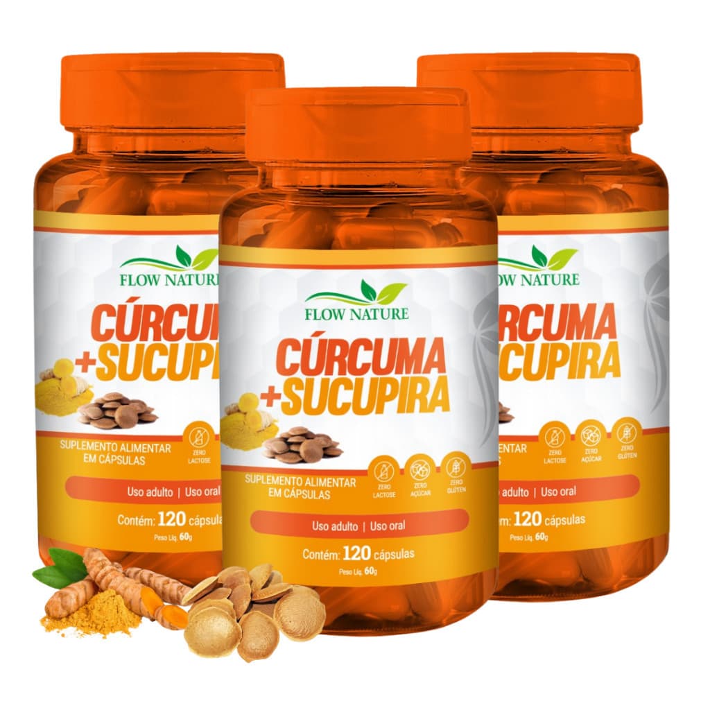 Cúrcuma Com Sucupira 120 Cápsulas de 500 mg - Composto Natural - Kits Com 1, 2 e 3 Potes - Flow Nature