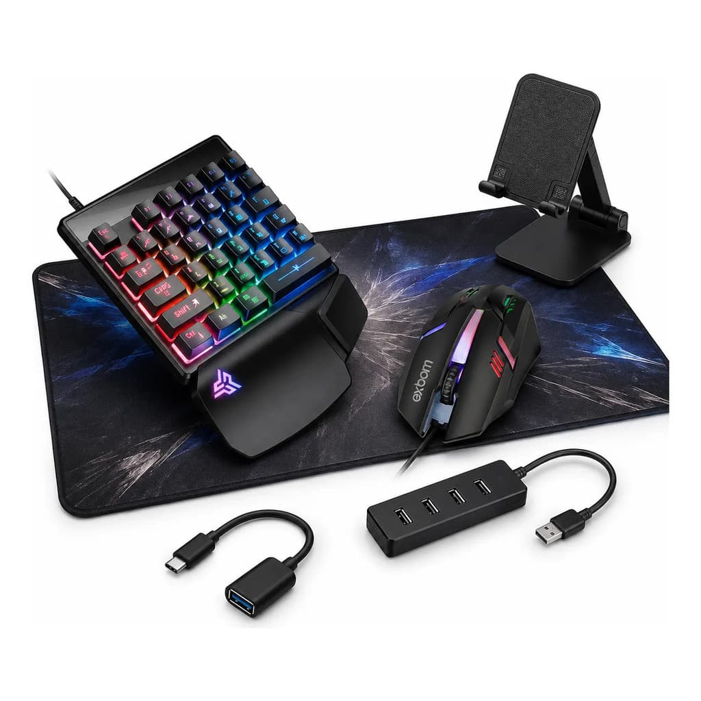 Kit Mobilador Gamer para Celular Teclado One Hand RGB Mouse Gamer Mousepad 75x35 Hub USB OTG Tipo C Suporte
