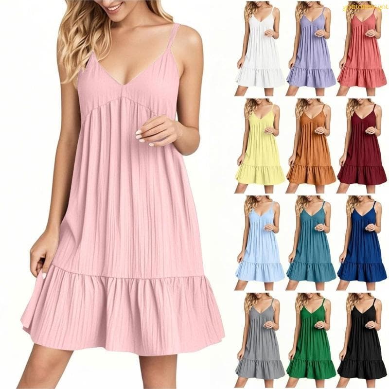 gotitonmegot Vestido Feminino Casual Colorido Decote V Evasê Mangas Fluido Praia Férias