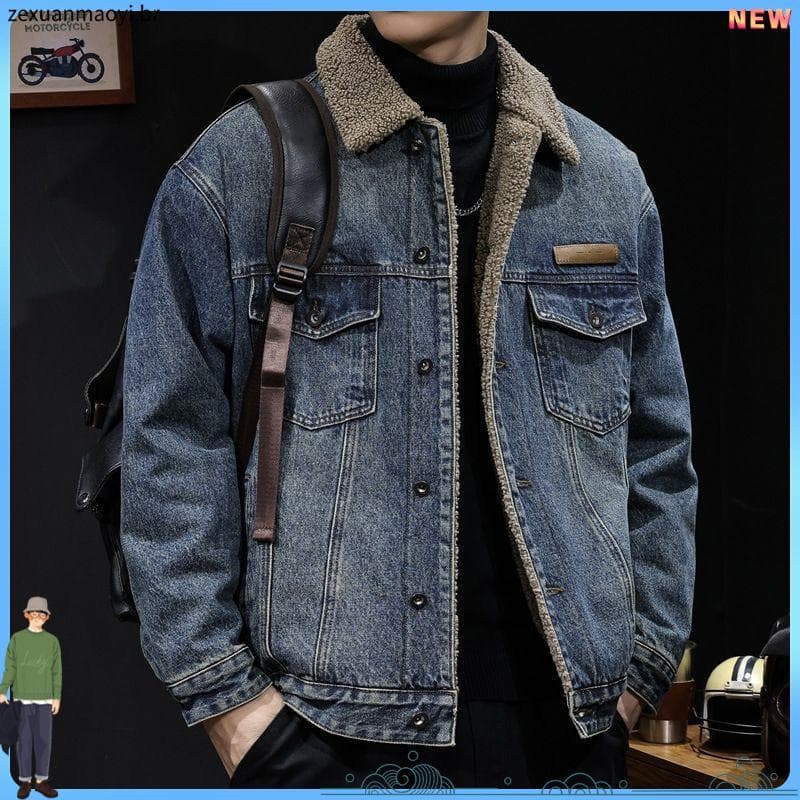Inverno cordeiro velo acolchoado jaqueta masculina na moda americano Retro forro de lã engrossado quente Workwear Denim