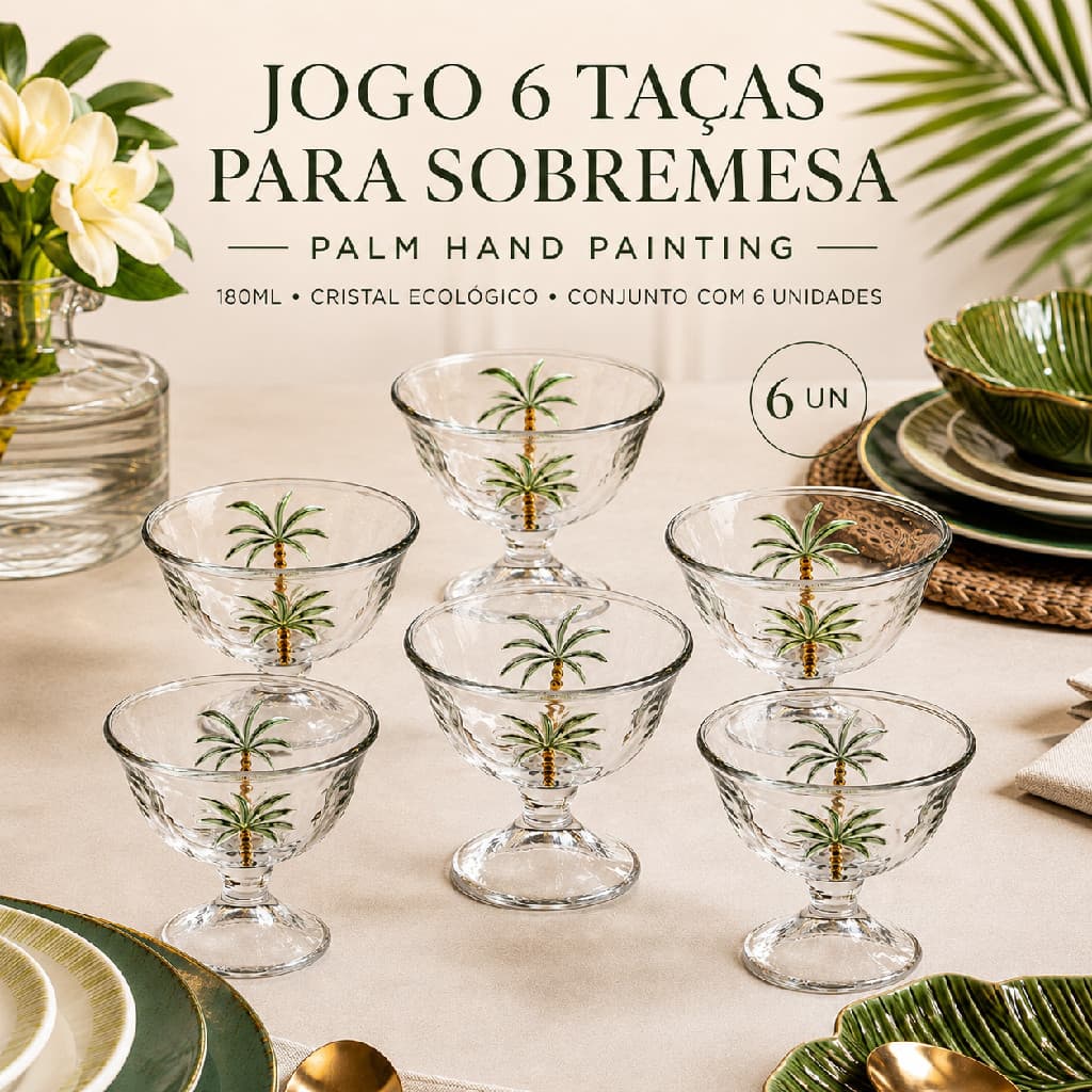 Jogo 6 Taças de Sobremesa Lyor Palm Pintada A Mão Coqueiro Palmeira Transparente Mesa Posta Requintada Luxo Kit Piscina