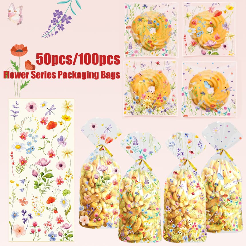 100/200 peças de sacos transparentes autoadesivos da série floral colorida, pequenos sacos de embalagem em estilo fresco