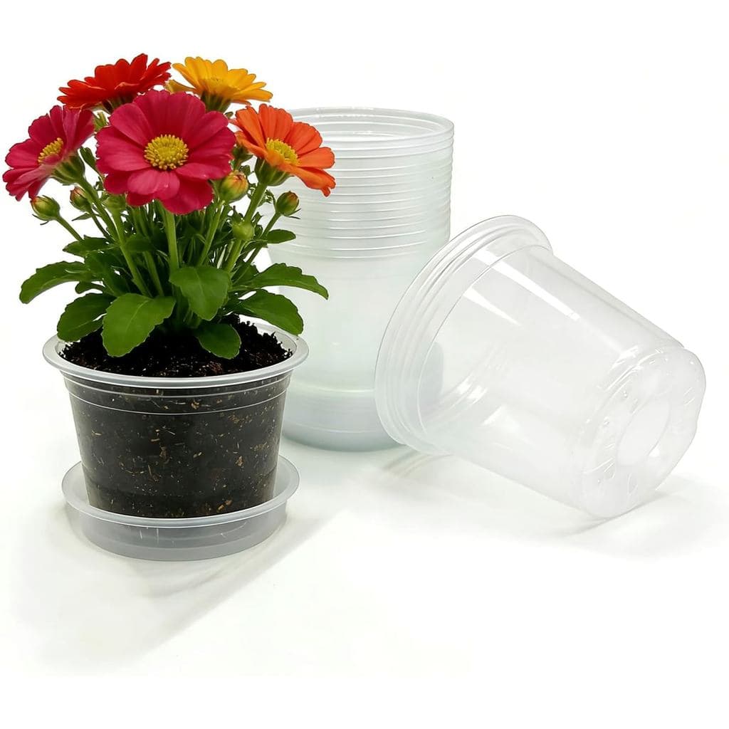 Vasos de Plástico Transparentes de 4 Polegadas com Pratos, Pacote com 20, Vasos de Flores com Furos de Drenagem