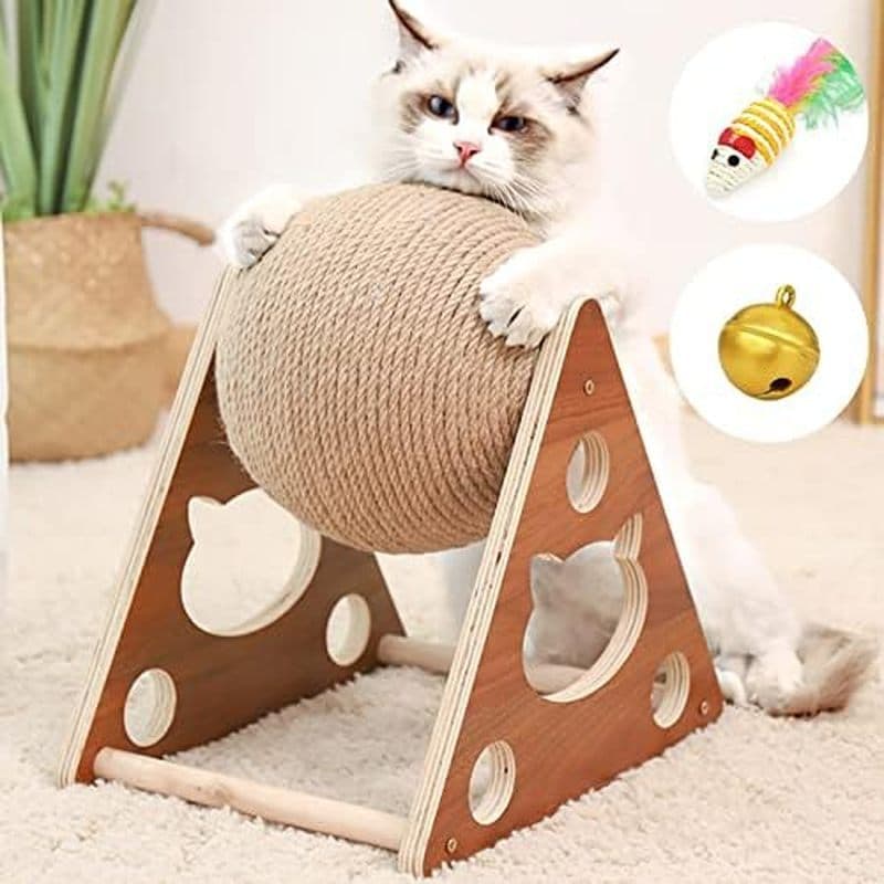 Brinquedo Arranhador Para Gatos , Bola De Arranhar Sisal Natural Com Sino Embutido Interativa De Madeira Maciça E Amp ;