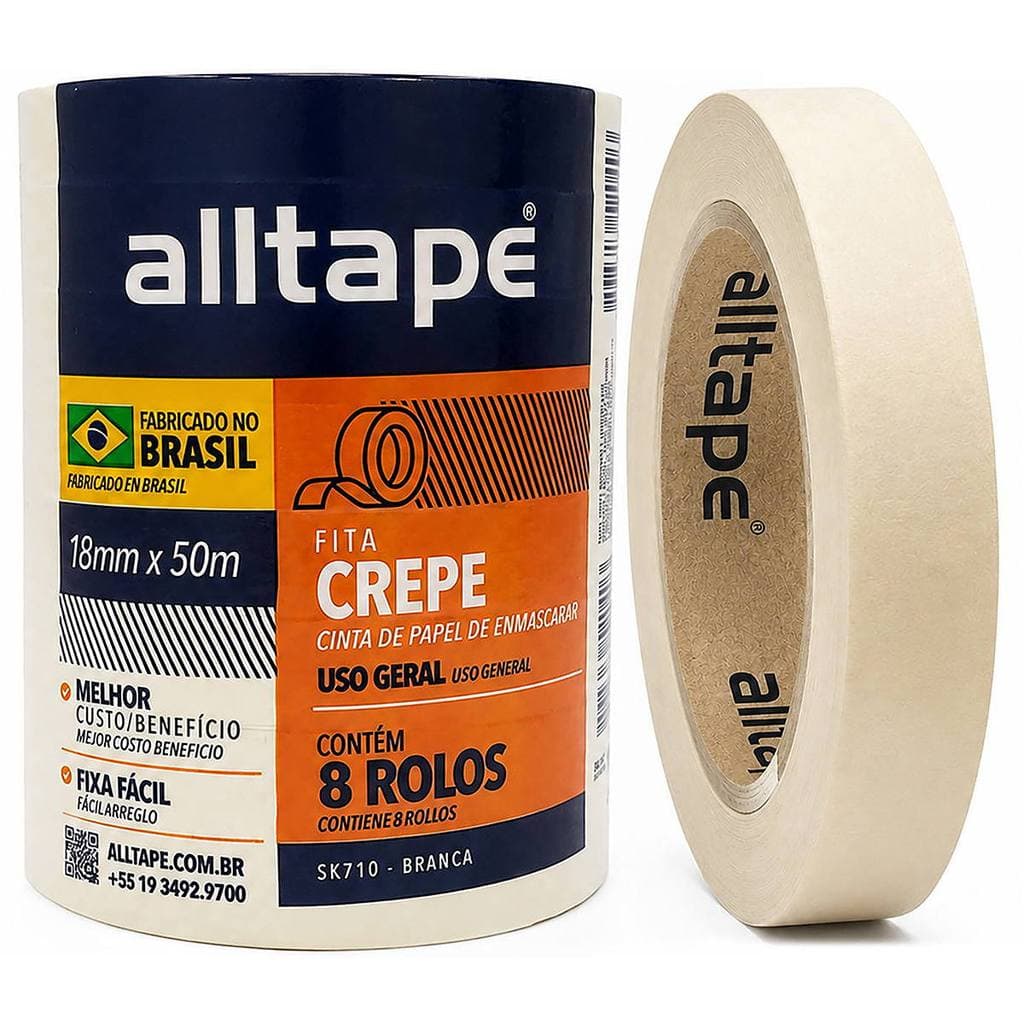 Fita Crepe 18mm x 50m Pacote com 8 Rolos para Pinturas Fixações Trabalhos Escolares Alltape SK710