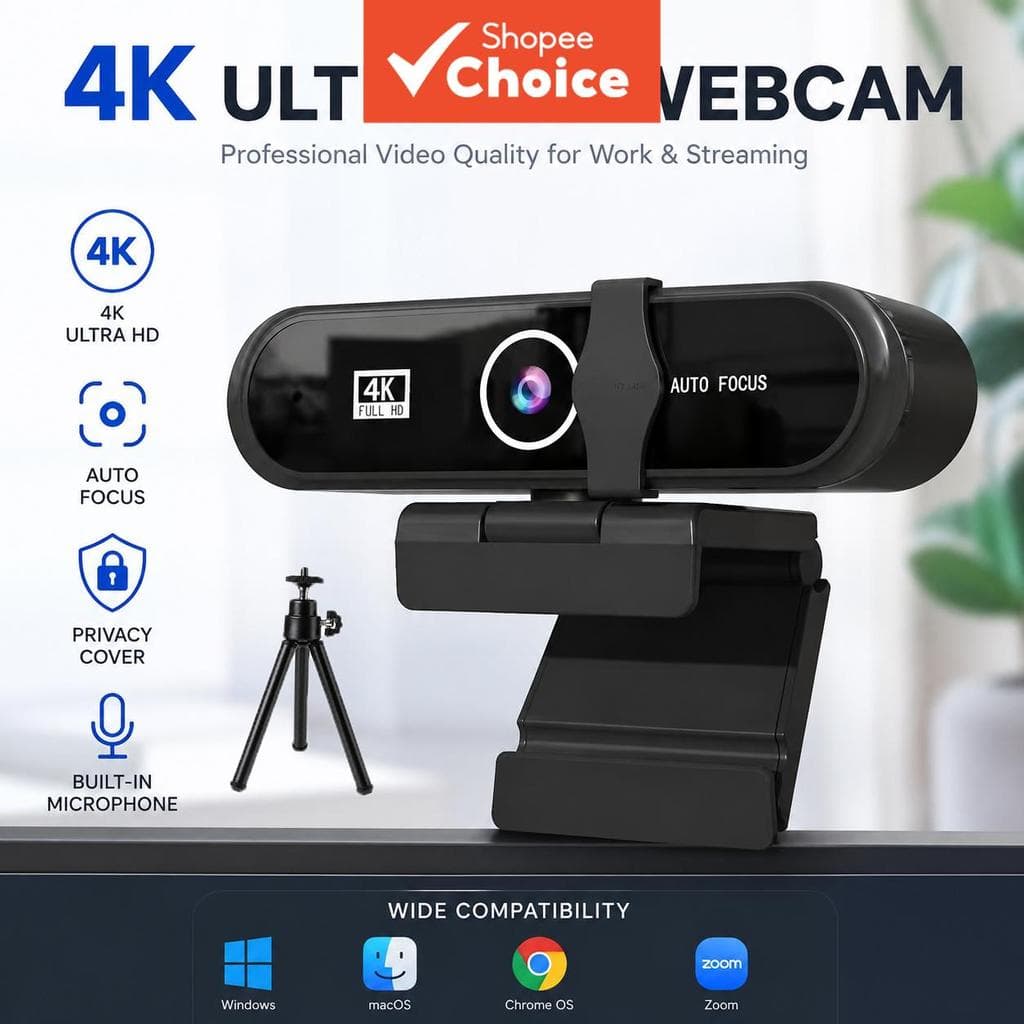 Webcam 4K para PC, Câmera Web USB com Auto Foco, Microfone Duplo Integrado, Tampa de Privacidade, Plug & Play, para