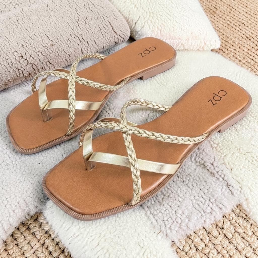Sandália Rasteira Feminina Trançada Dourada Elegante Confortável Verão Casual Luxury