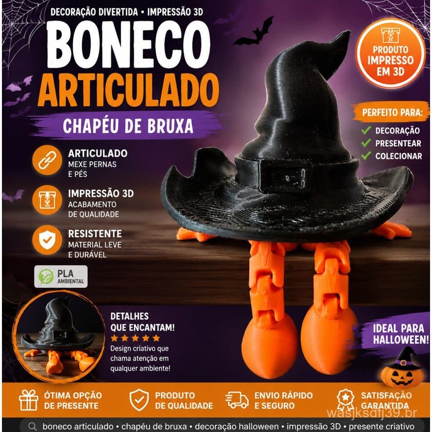 Boneco Articulado Halloween Chapéu de Bruxa | Decoração em Impressão 3D
