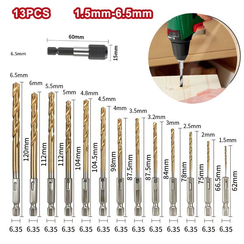 Kit 13 peças Jogo de Brocas Hexagonais Titânio HSS Troca para Madeira Plástico Metal+ Adaptador