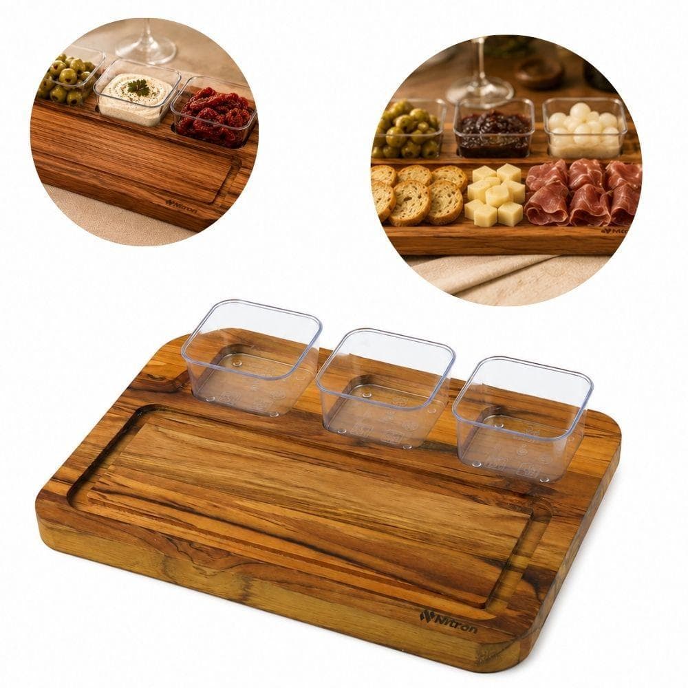 TABUA PETISQUEIRA CARNE MADEIRA TECA 3 MOLHEIRAS BANDEJA PETISCOS APERITIVOS COMPLETA RAMEQUIM GOURMET PORTA MOLHOS