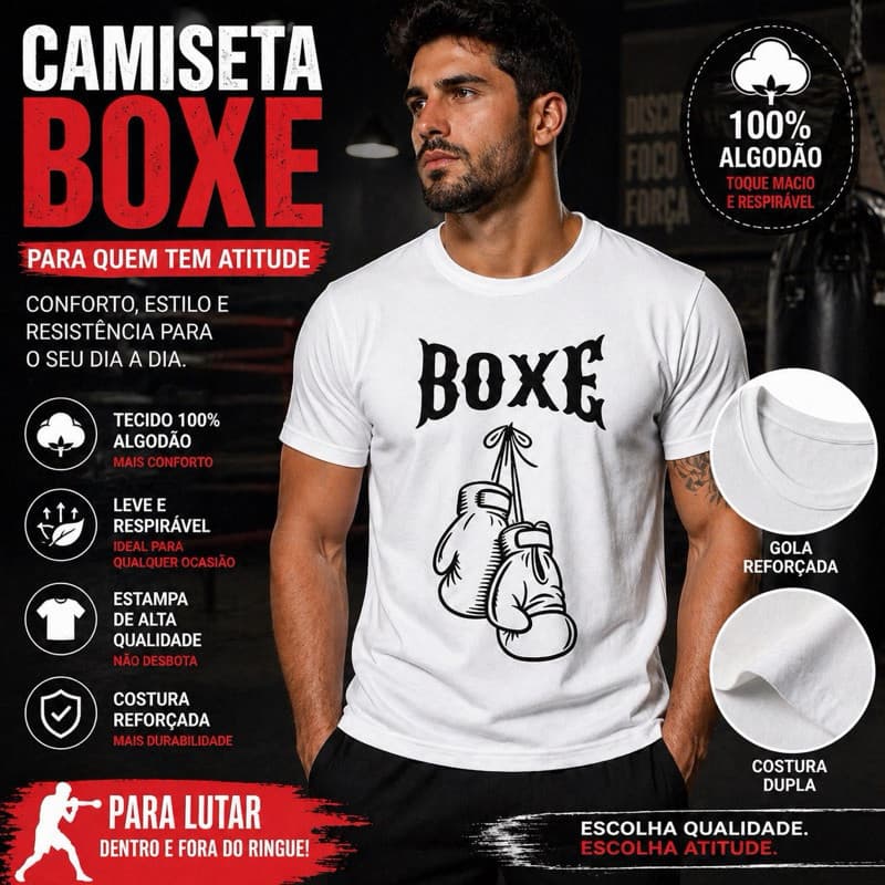 Camiseta Boxe Masculina E Feminina 100% Algodão Estampa Luvas Academia Treino Casual Confortável