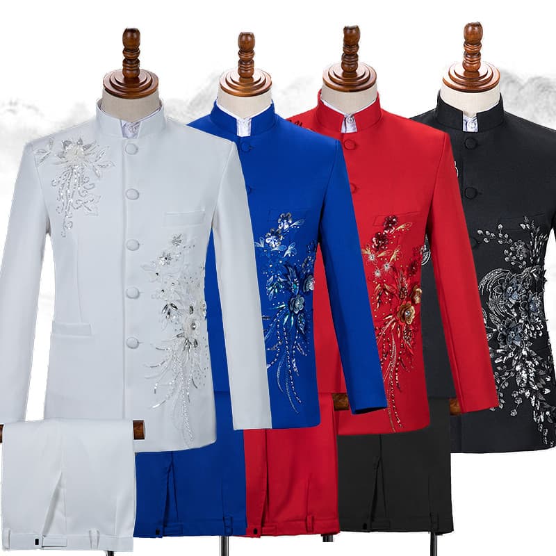 Juventude lantejoulas Zhongshan traje coro traje adulto homem palco desempenho traje anfitrião cantor vestido