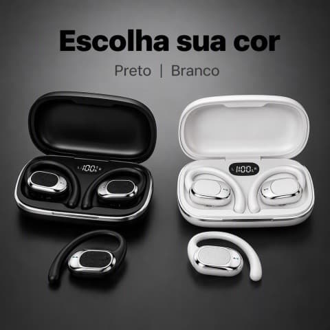 Fone Bluetooth Open Ear Sem Fio com Gancho Auricular, Bluetooth 5.3, Touch, IPX5 e Estojo com Display Digital