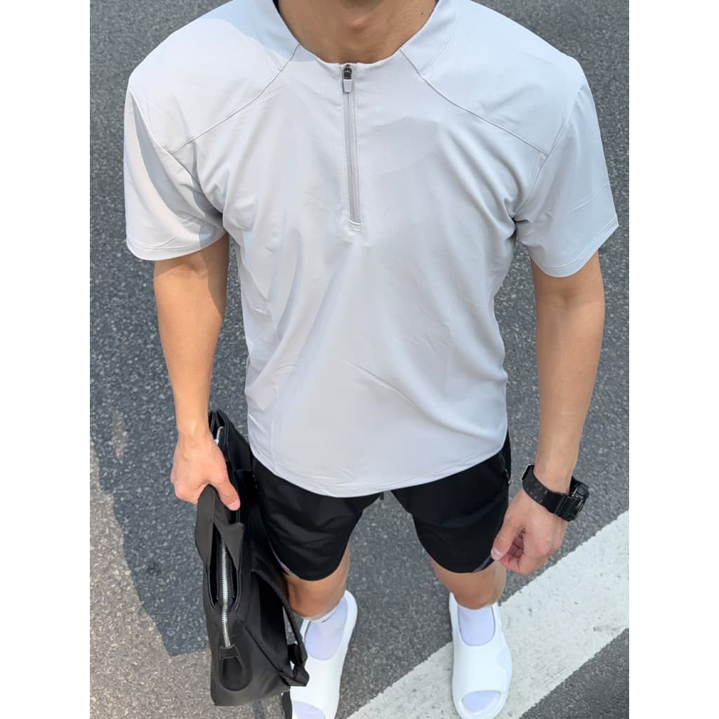 UNCLEBLUE verão meio zíper de manga curta masculino alta estiramento roupas de secagem rápida correndo roupas de Fitness