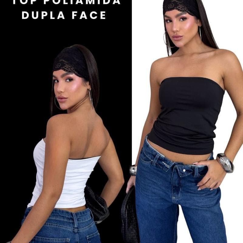 Blusa Tomara que Caia Top Tube Dupla Face Poliamida Tendência Moda Feminina
