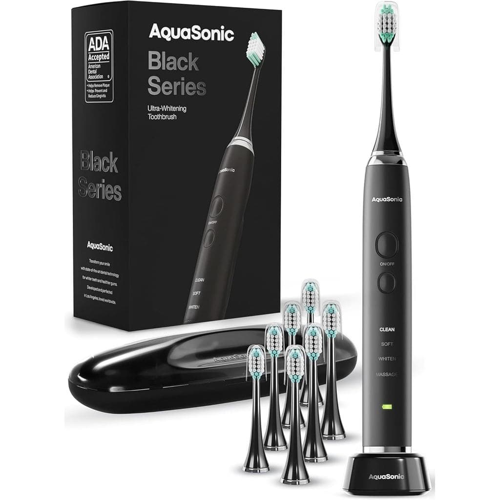 Escova de Dentes Ultra-Branqueadora Aquasonic Black Series – Escova de Dentes Elétrica Aprovada pela ADA – 8 Cabeças de