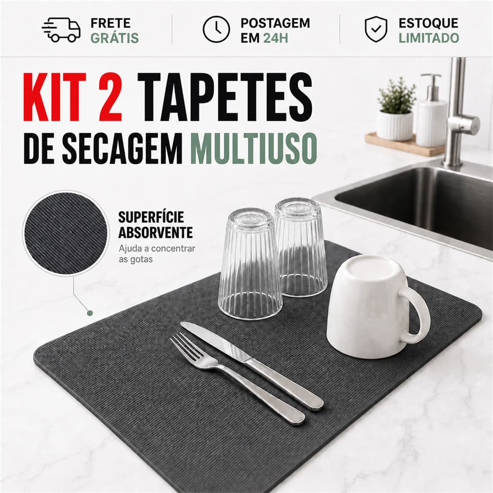 2x Tapete Escorredor Absorvente 20x30cm para Louças Copos Talheres Pia e Bancada
