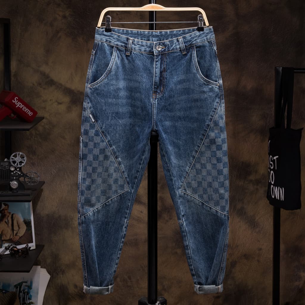 Primavera costura Jeans japoneses masculino 2024 novo estilo xadrez solto calças pequenas ins Harem calças