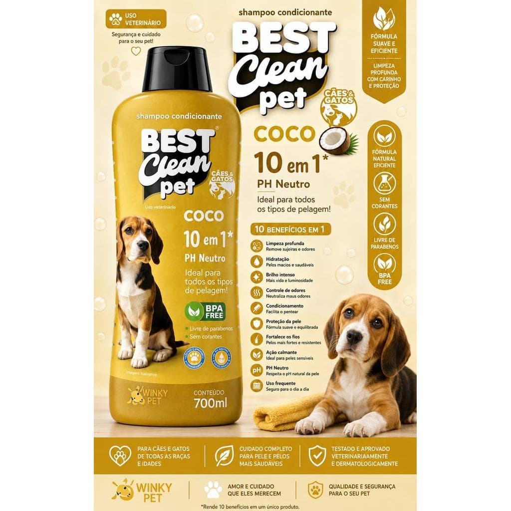 Shampoo Pet Coco 10 em 1 700ml PH Neutro Para Cães e Gatos Best Clean Pet
