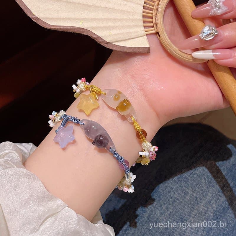 [Estoque pronto] Pulseira de corda trançada com estrela de gatinho fofo luz feminina luxo namorada presente pulseira joi