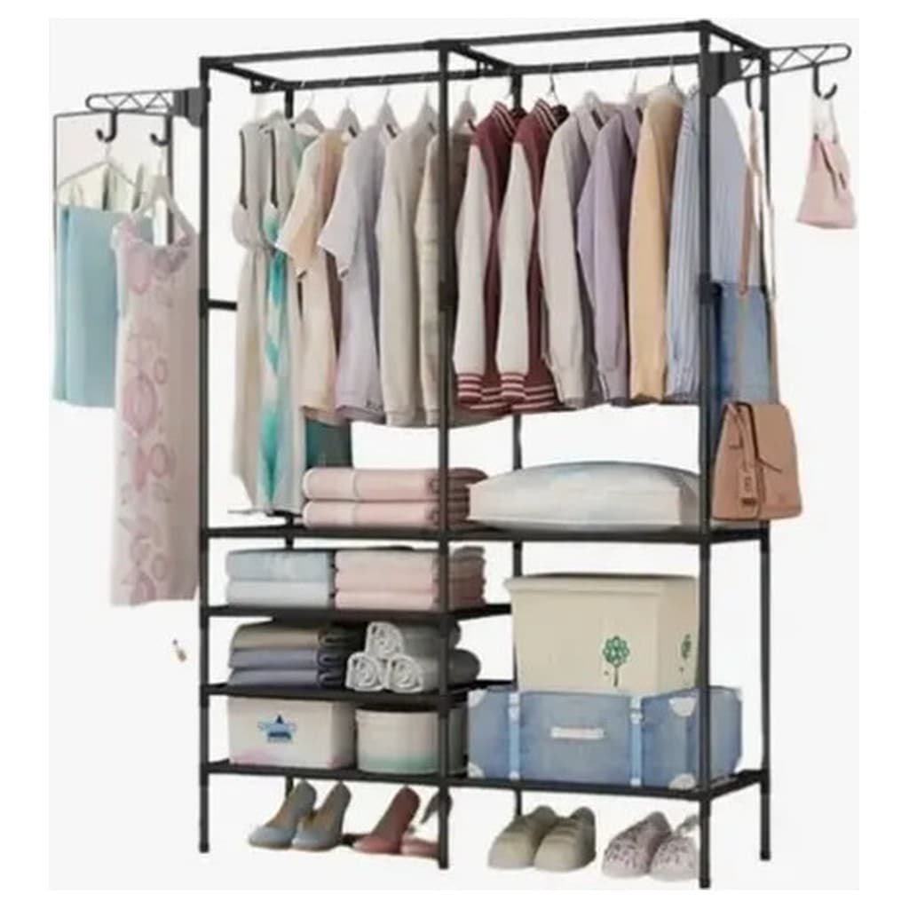 Closet Aberto Organizador Arara Dupla Cabideiro Sapateira C Prateleiras Preto 108x36x173cm