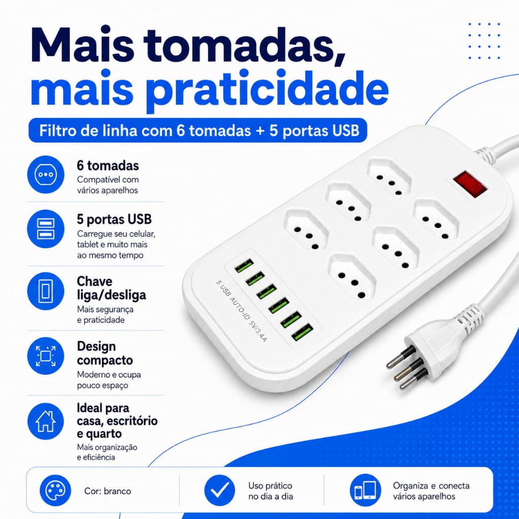 Extensão Elétrica 6 Tomadas 5 USB Régua de Tomada 10A 250V Chave Liga/Desliga Casa Escritório