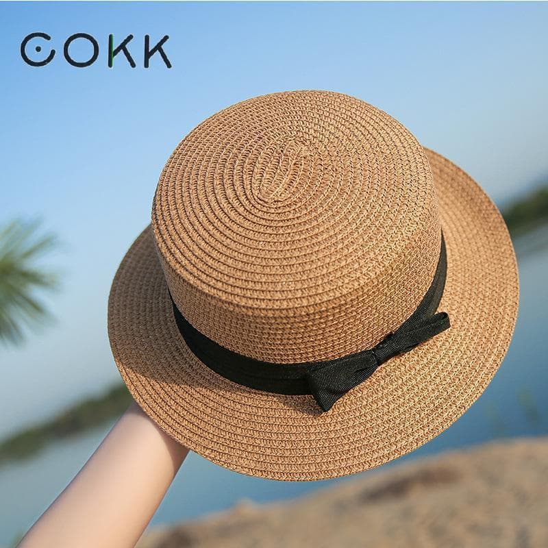 COKK Chapéu Panamá Simples Verão Praia Feminino Casual Senhora Aba Plana Bowknot Palha Boné Meninas De Sol Chapeu