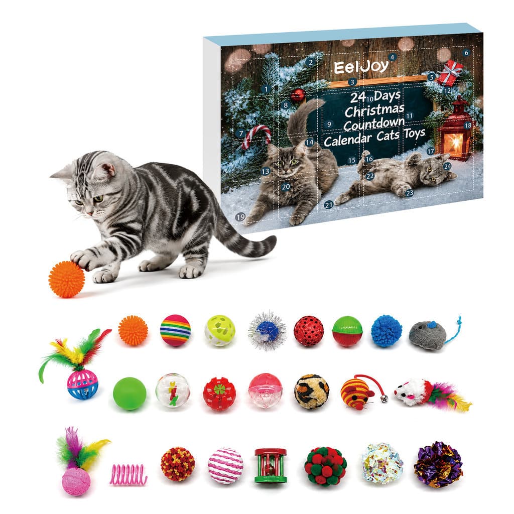 Calendário de brinquedos para gatos com contagem regressiva de Natal de 24 dias, resistente ao desgaste, seguro, calendá