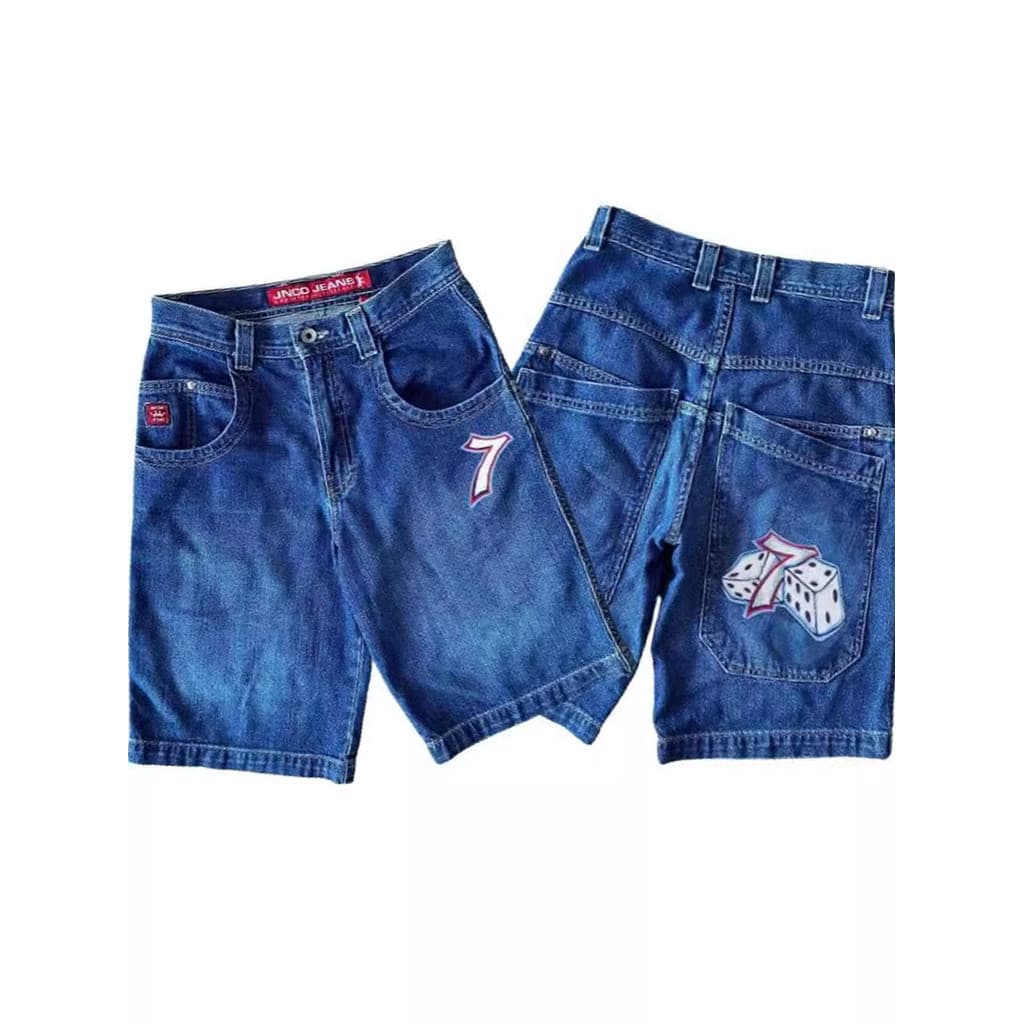 JNCO Shorts Y2K calças Harajuku Hip-Hop sorte 7-como padrão Retro azul solto Denim ajuste solto