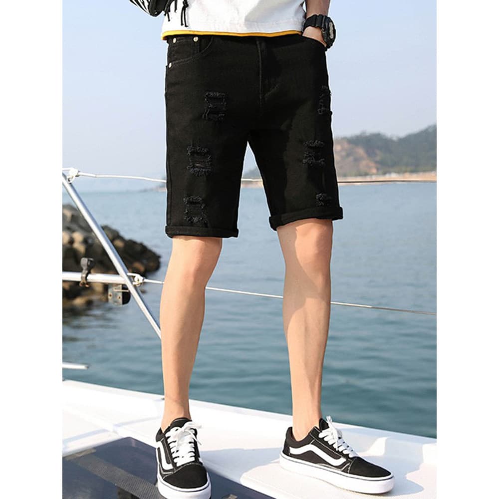 Verão Denim Shorts calças cortadas masculinas preto estiramento INS na moda calças rasgadas calças médias 5 pontos calça
