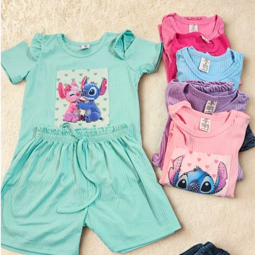 Conjunto Shorts e Blusa Infantil  Menina Verão  ESTAMPAS ALEATORIAS do Stitch Conjunto em Ribana Moda Canelado Princesa