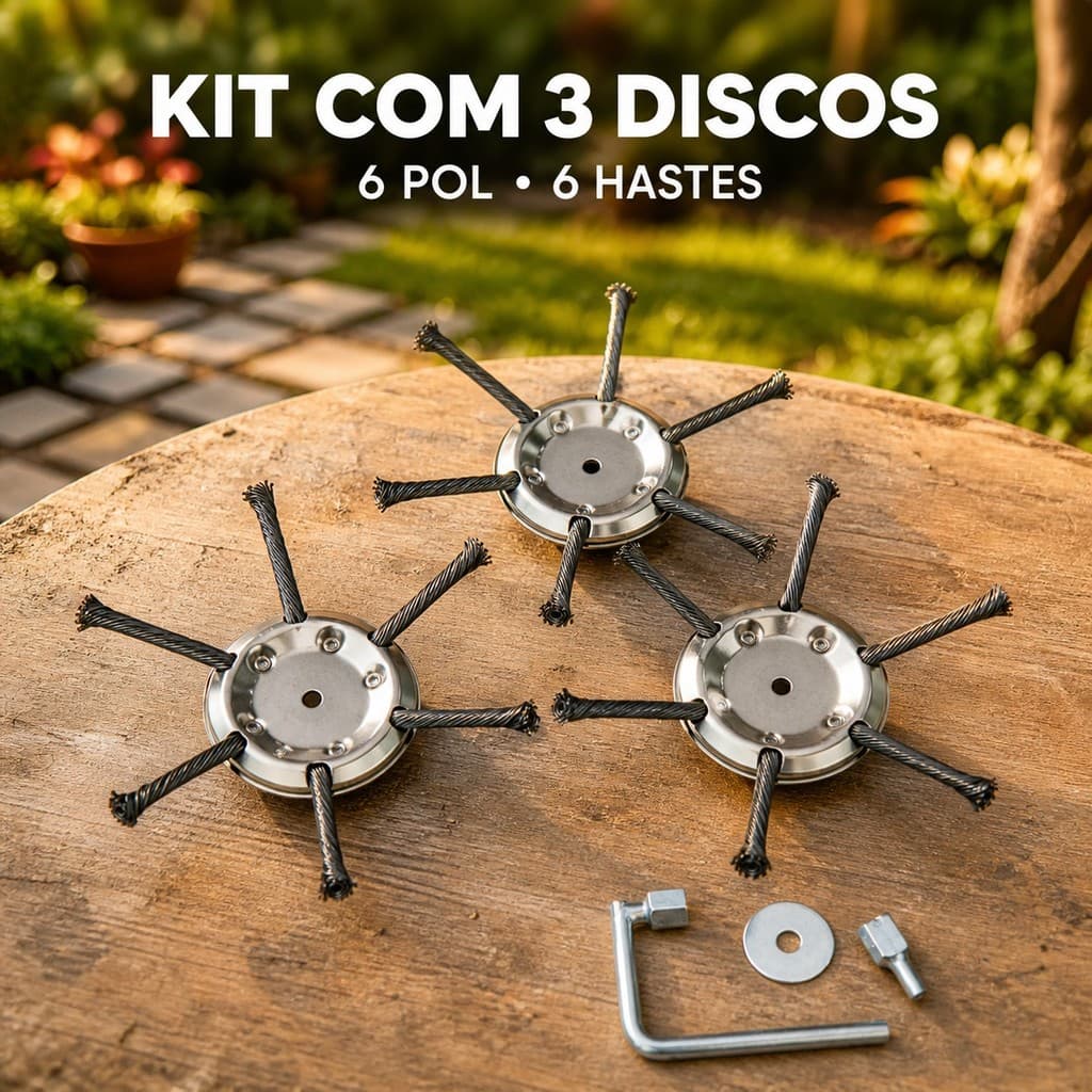 Kit 3 Discos Escova de Aço 6 Pol com 6 Hastes para Roçadeira e Acessórios