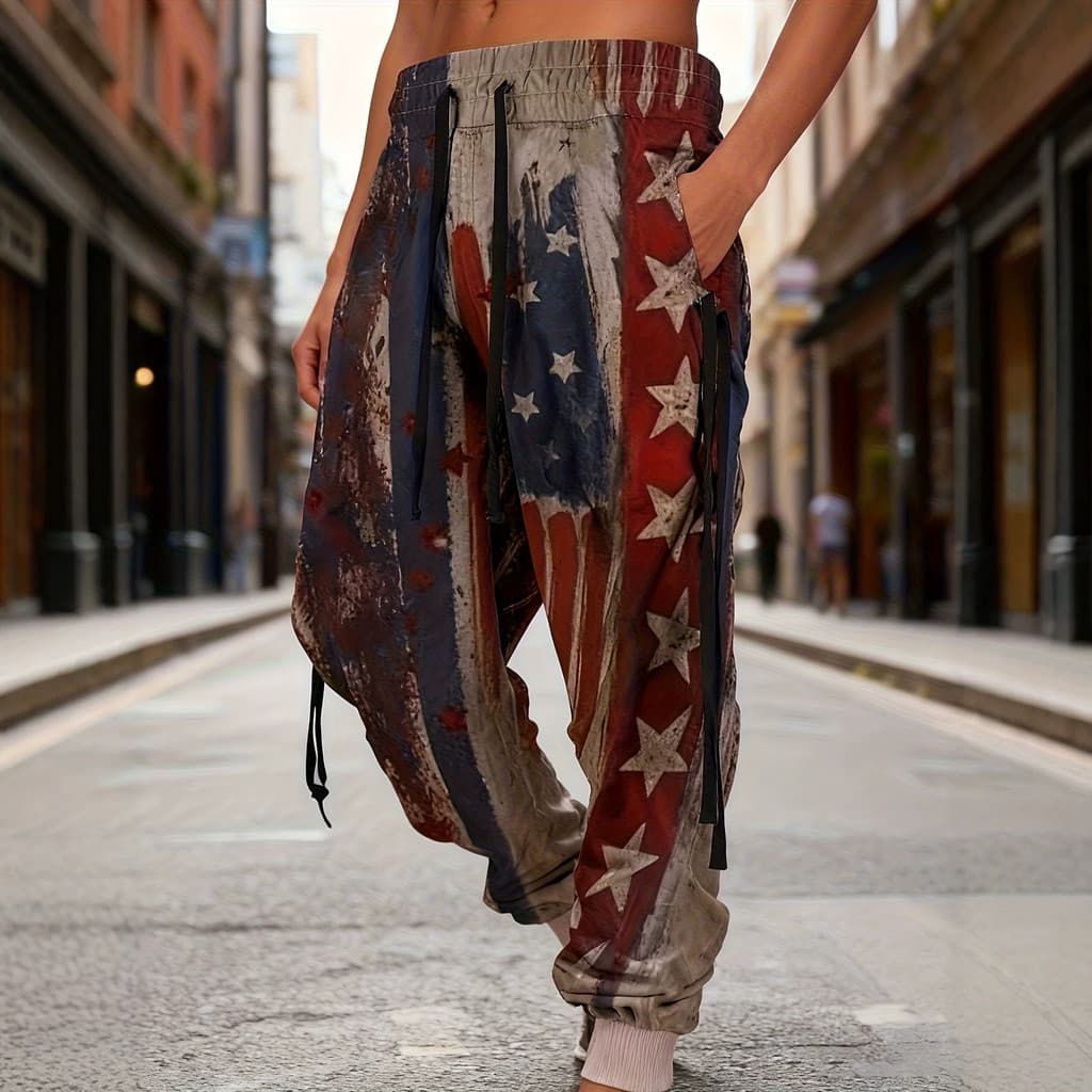 [Estilo mais vendido] Retro Distressed Star Pattern Flag Graffiti Print Masculino com cordão e fechamento Street Wear Ca