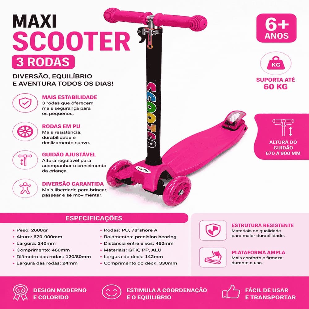 Patinete 3 Rodas Infantil Rosa Maxi Scooter Resistente