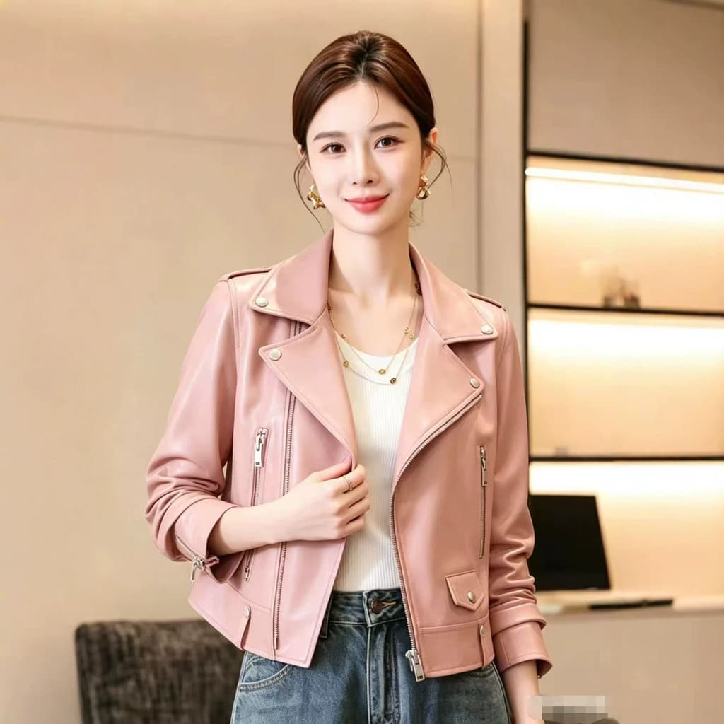 2026 Jaqueta feminina de couro Slim fit, primavera, gelo, lapela curta, motocicleta, jaqueta de couro feminina 8/20