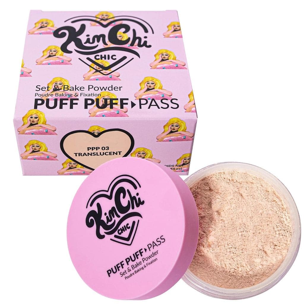 Kimchi Chic Beauty Puff Puff Pass Set e Pó Fixador para Maquiagem, Pó Facial Solto Extra Fofo, Maquiagem Facial Suave e