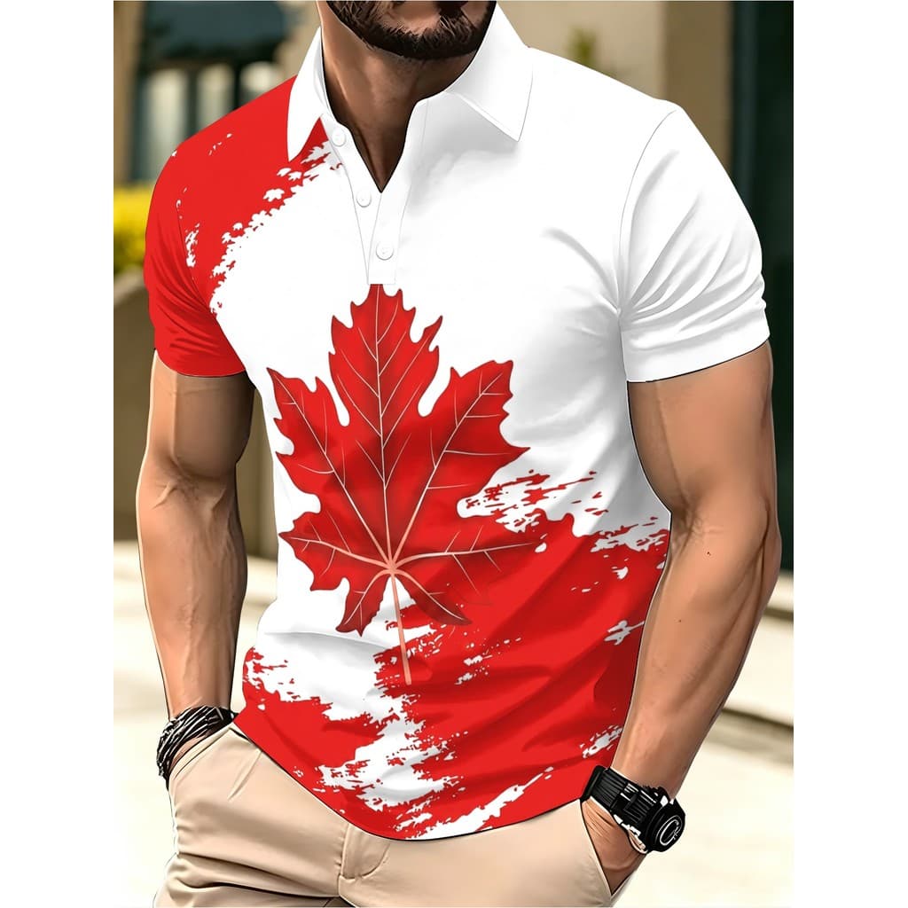 Camisa polo masculina de manga curta verão casual camisa polo atraente Maple Leaf vermelho impresso leve respirável adeq