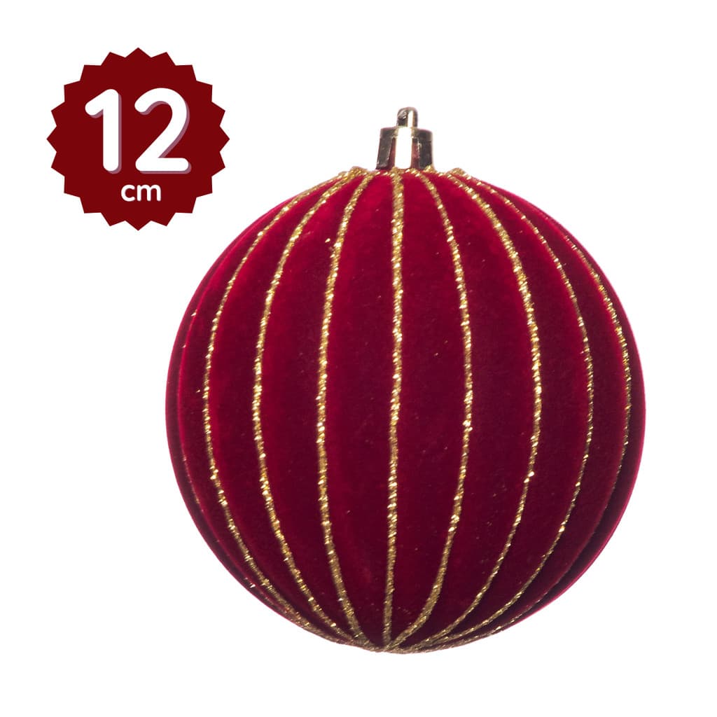 Bola Natal Vermelha Listras Glitter 12cm Enfeite Árvore Aveludado Decoração Laço Pendurar Unidade