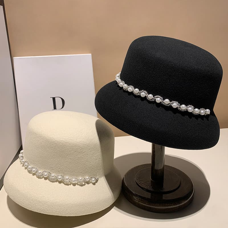 Hepburn estilo pérola corrente de lã bacia chapéu feminino outono inverno elegante temperamento moda chapéu superior Ret