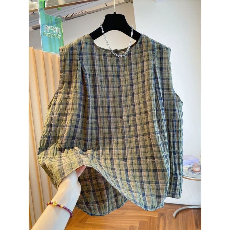 [Nova chegada] roupas femininas de tamanho grande gordura mm plissado xadrez sem mangas camisa, verão solto fino em torn