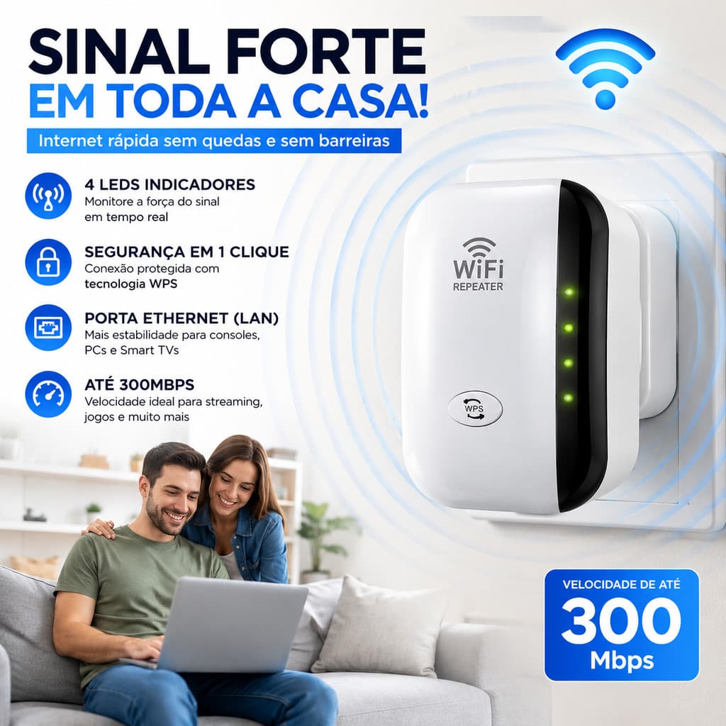 Repetidor WiFi 300Mbps Amplificador de Sinal 4 LEDs WPS Porta LAN