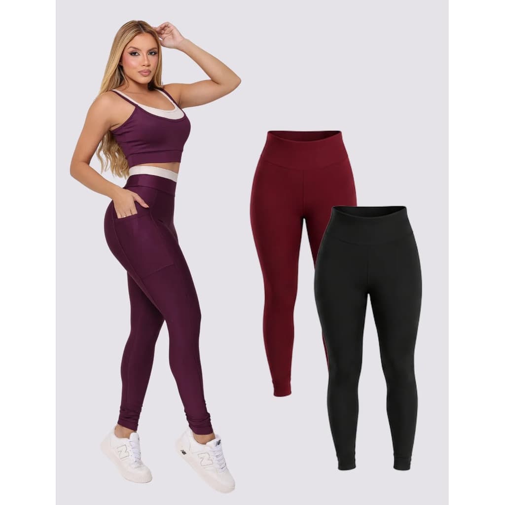 Kit 3pcs Conjunto Fitness Feminino + Calça Roupa Academia AFD