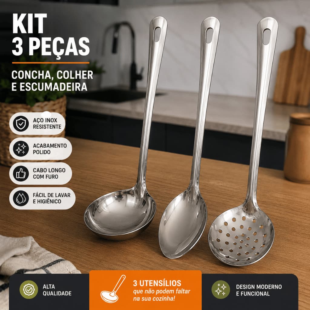 Kit 3 utensílios Inox Colher Concha Escumadeira Cozinha