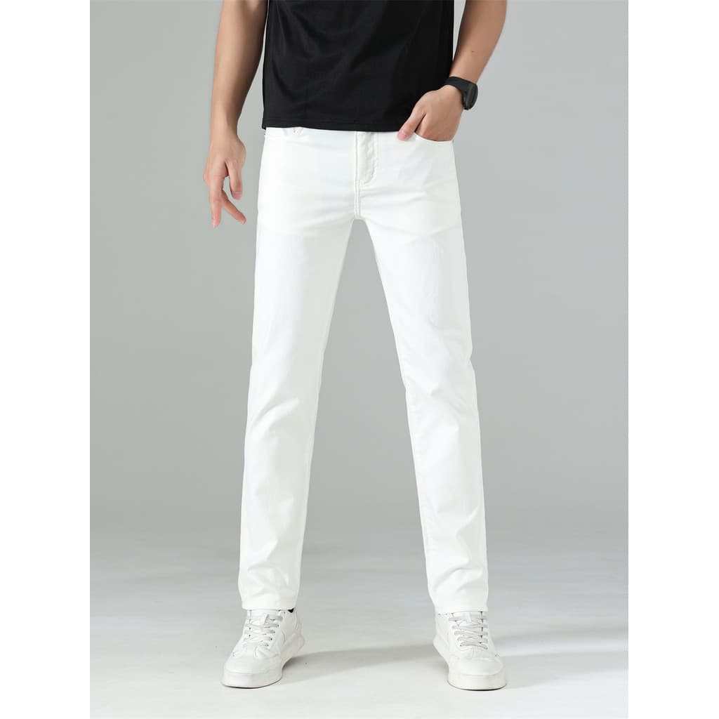 Branco high-end Jeans masculino verão fino solto em linha reta calças masculinas estiramento high-end Casual calças comp
