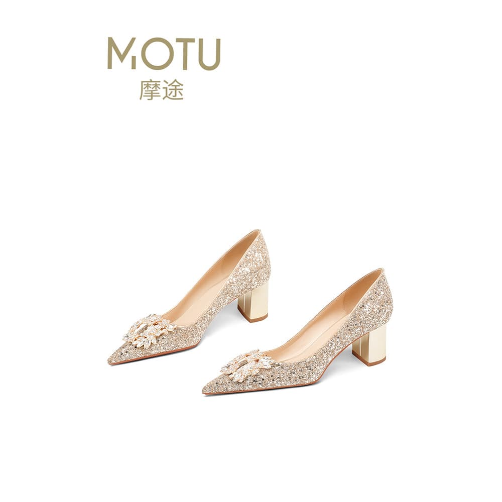Sapatos de casamento dourados champanhe femininos, pés não cansados, salto grosso bonito francês, adequados para pés lar