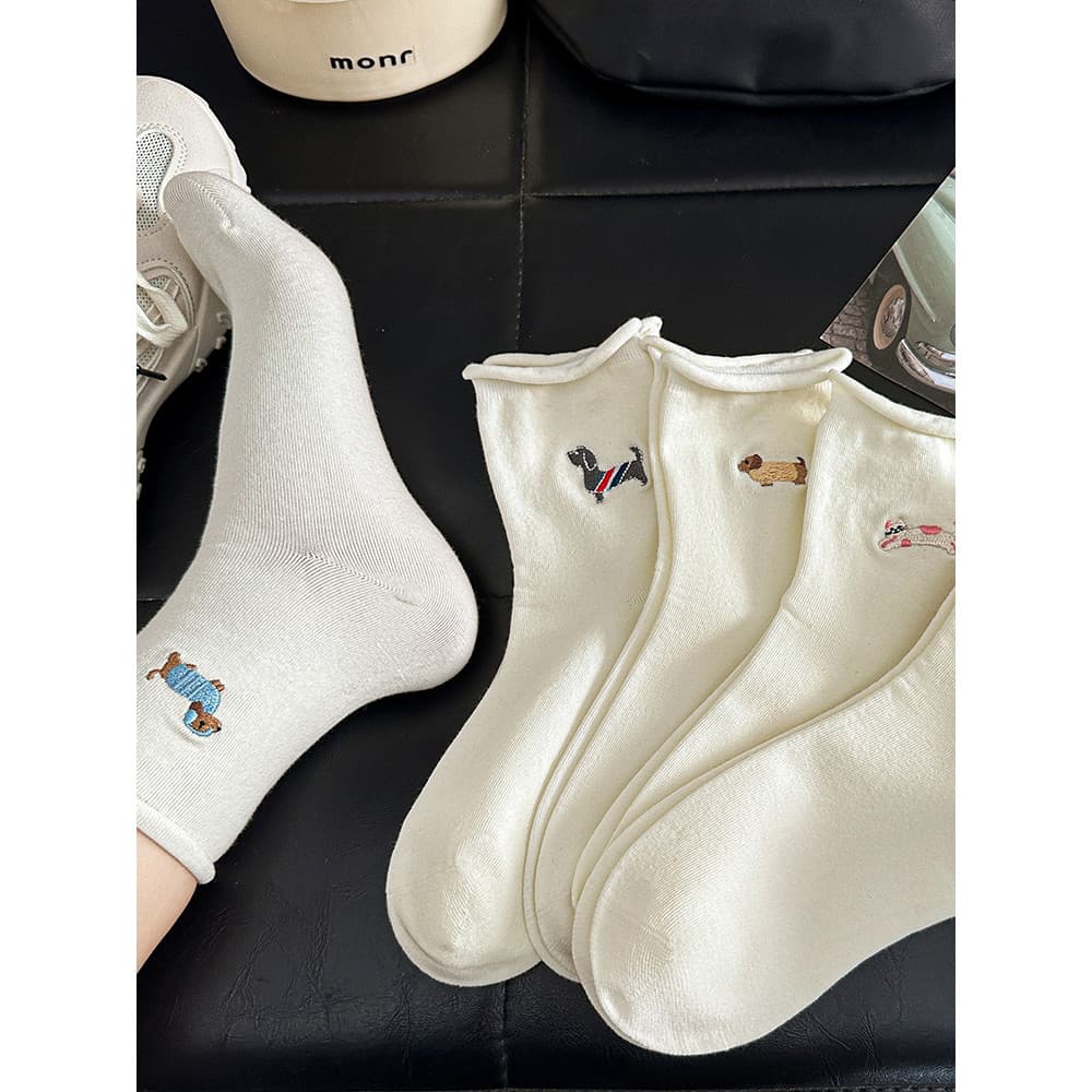 Curling bordado Dachshund cão meias femininas verão estilo fino meados de tubo meias branco estilo Preppy japonês estilo