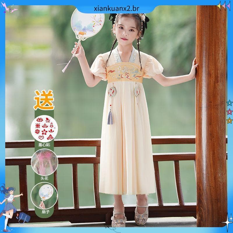 Novo estilo meninas Hanfu Super vestido de fadas verão crianças saia bordada longa manga curta estilo chinês Tang terno